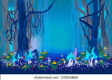 Fantastic mysterious forest. Magic mushrooms and magic flowers and lights. Fairy-tale background. Video Game's Digital CG Artwork, Concept Illustration, Realistic Cartoon Style.