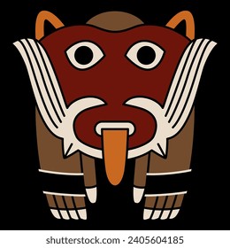 Fantastic mythological animal with beard and tongue out. Andean ethnic pottery design from ancient Peru. Native American art of Nazca Indians. On black background.