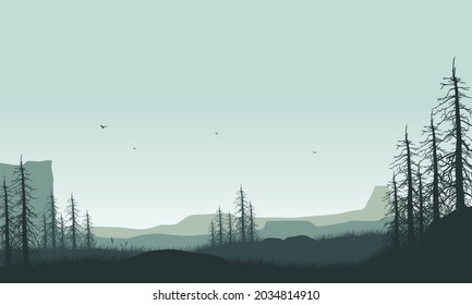 Fantastic natural scenery from the outskirts of the city at sunrise in the morning. Vector illustration of a city