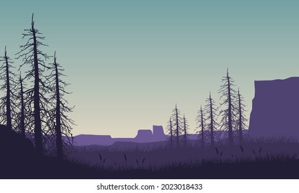 Fantastic natural view from the outskirts of the city at sunrise on a sunny morning. Vector illustration of a city
