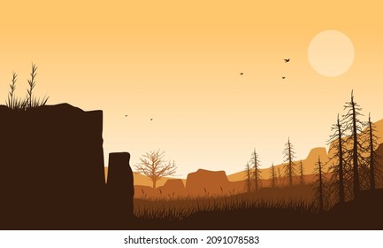 A fantastic natural view from the village at sunset in the afternoon. Vector illustration of a city