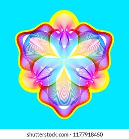 Fantastic neon flower icon, abstract shape with lots of blending lines and gradient color. Vector illustration. Bright neon 80s colors.