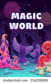 	
Fantastic night background. Fantasy cartoon alien world. Magic book cover with unusual plants and mushrooms. Vector mystery planet illustration.