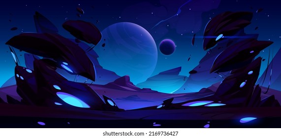 Fantastic night landscape of alien planet with rocks, flying stones and glowing blue spots. Vector cartoon fantasy illustration of cosmos and dark planet surface, panorama for space game background