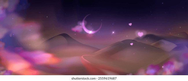 Fantastic night landscape with crescent moon and pink clouds. Desert. A beautiful, colorful, and romantic scene of a mountain range with a pink and purple sky is filled with stars
