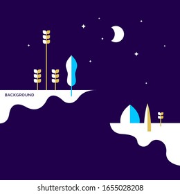 Fantastic night landscape in flat style. Background with the image of the month and stars. Vector illustration.