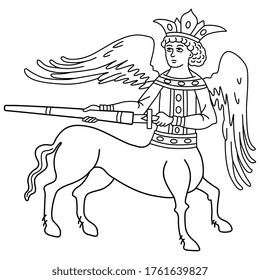 Fantastic old Russian winged centaur Kitovras with a sword. Based on ancient folk motif. Black and white linear silhouette.