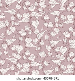 Fantastic ornamental background with big-eyed flowers and branches with leaves drawn manually
