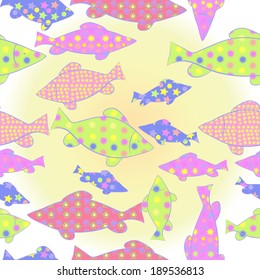 Fantastic ornamental fish in light gradient  background. Seamless pattern.