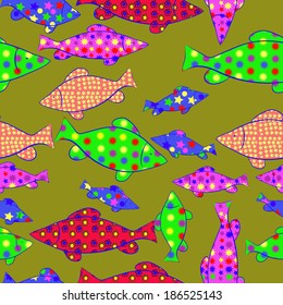 Fantastic ornamental fish in olive background. Pattern.