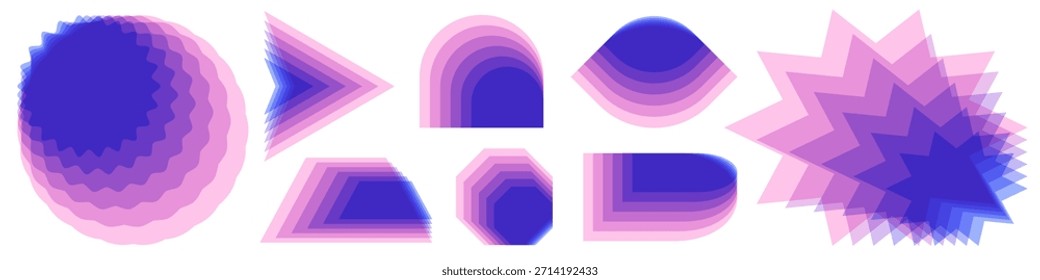 Fantástico conjunto de formas sobrepostas. Elementos de mistura geométrica violeta. Arte geométrica translúcida vetorial