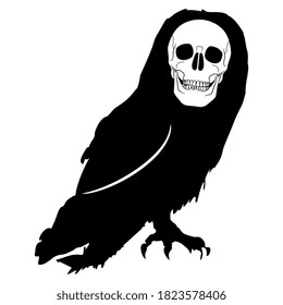 Fantastic owl with human skull face. Black and white silhouette. Horror bird character.