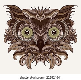 Fantastic Owl. Serious bird is looking at you. Fancy owl head illustration. Isolated element. Vector file is EPS8, all elements are grouped.
