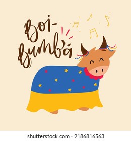 Boi-bumbá. Fantástica criatura Ox del Folklore brasileño. Calligrafía brasileña de letras a mano portuguesa. Vector. Leyendas y cuentos brasileños.