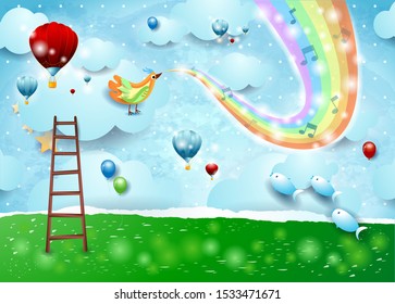 Fantastic paper landscape with bird and musical notes. Vector illustration eps10