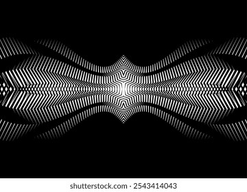 Fantastic pattern of abstract striped ribbons. Modern futuristic pattern. Energy flow. Horizontal Black and White Background for covers, packaging, advertising. Wallpaper. flash, Light, optics