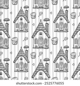 A fantastic pattern of cute cartoon houses, a sketch of a fabulous village.