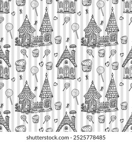 A fantastic pattern of cute cartoon houses, a sketch of a fabulous village.