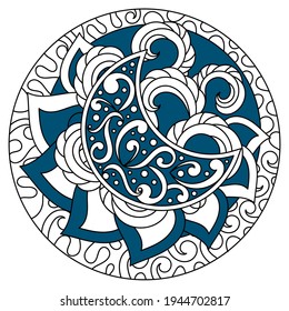 Fantastic patterns, moon and decorative abstract elements, round frame . Vector illustration of doodles, drawing by hand. Blue and white illustration.