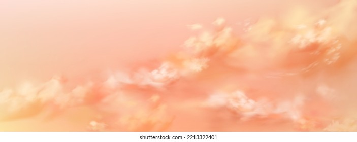 Fantastic peach sky background with soft pink cloud texture. Pastel heaven or paradise background. Amazing sunset or sunrise natural cloudscape. Religion and hope. Realistic vector illustration