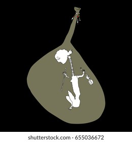 Fantastic personage with a violin inside a calabash bottle. Hand drawn vector illustration. Black ink and gold. Original style.