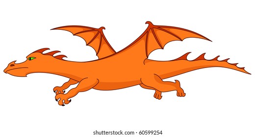 Fantastic picture: the fiery dragon with wings flies. Isolated.