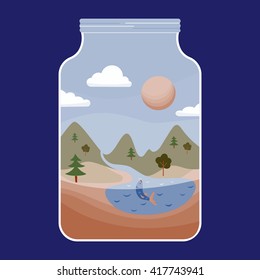 Fantastic picture with landscape placed into a mason jar. There are sun, mountains, clouds, stars, trees, spruces, river and lake. A fish swimming and jumping in a lake. Pastel color scheme. 