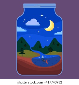 Fantastic picture with night landscape placed into a mason jar. There are moon, mountains, clouds, stars, trees, spruces, river and lake. A fish swimming and jumping in a lake. Vector illustration.