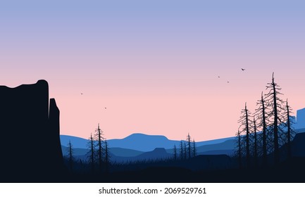 Fantastic pine tree silhouette view of the mountains at dusk from the edge of town. Vector illustration of a city