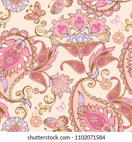 Fantastic pink floral seamless ornament with paisley. Floral wallpaper in pastel colors. Decorative ornament for fabric, textile, wrapping paper. Floral oriental ethnic background.