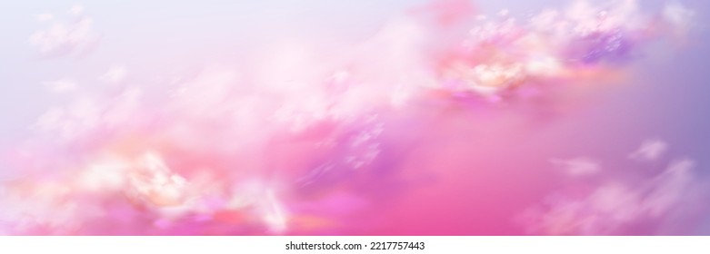 Fantastic pink and lilac peaceful sky background with soft cloud texture. Realistic vector illustration of pastel heaven or paradise background. Amazing sunrise natural cloudscape. Religion and hope