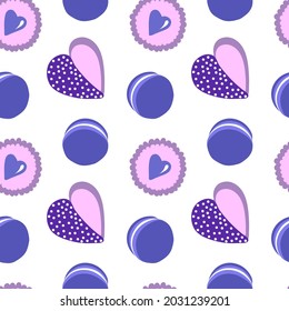 Fantastic pink, purple and violet pattern. Colored cookie, canapés and candy isolated on white background. Vector seamless pattern with desserts.