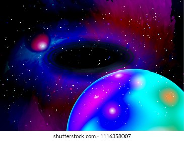 Fantastic planet in deep space. Star field in space and a nebulae. Abstract background of universe and a gas congestion. Spiral galaxy space with black holes. Mars planet mission exploration. Vector 
