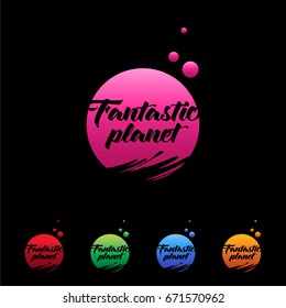 Fantastic planet logo. Fantasy of emblems. Colored planets with letters on a dark background.
