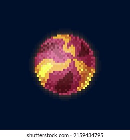 Fantástico planeta de patrones de píxeles, cuerpo del sistema solar del meteorito en el fuego. Mundo extraterrestre vectorial, descubrimiento del universo, galaxia, espacio exterior. Globo de superficie redonda, cuerpo celestial diseño de juego de 8 bits