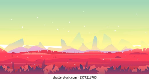 Fantastic planet with red grass landscape game background tileable horizontally, sharp rocks and on a unusual planet, futuristic danger place at dusk with green starry sky