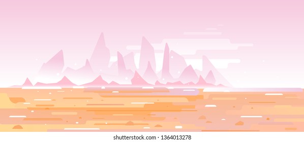 Fantastic planet surface with high sharp mountains far from the pink sky in desert, futuristic surrealism landscape background in flat style with simple lines