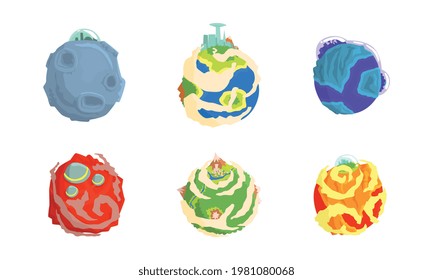 Fantastic Planets with Alien Life on it Vector Set