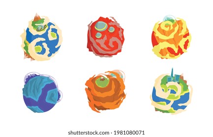 Fantastic Planets with Alien Life on it Vector Set
