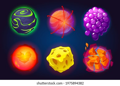 Fantastic planets, cartoon galaxy game asteroids. Cosmic world, alien space ui or gui design elements. Earth, satellite, cheese, cluster and toxic glow, comet explosion cracked surface, Vector set