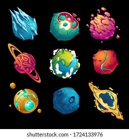 Fantastic planets, cartoon galaxy ui game asteroids set. Cosmic world, alien space design elements. Earth, satellite with rings, frozen ice, craters and technology comets surface. Vector illustration