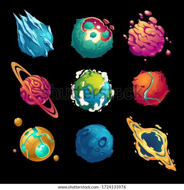 Fantastic planets, cartoon galaxy ui game\
asteroids set. Cosmic world, alien space design elements. Earth,\
satellite with rings, frozen ice, craters and technology comets\
surface. Vector\
illustration