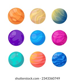 Fantastic planets icons set. Cosmic world design elements. Galaxy objects, planets with rings, craters and glowing lava surface. Vector illustration