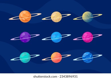 Fantastic planets icons set. Cosmic world design elements. Galaxy objects, planets with rings, craters and glowing lava surface. Vector illustration