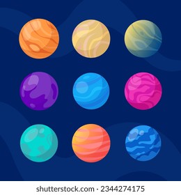 Fantastic planets icons set. Cosmic world design elements. Galaxy objects, planets with rings, craters and glowing lava surface. Vector illustration