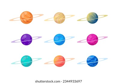 Fantastic planets icons set. Cosmic world design elements. Galaxy objects, planets with rings, craters and glowing lava surface. Vector illustration