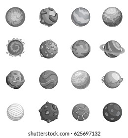Fantastic planets icons set in monochrome style isolated vector illustration
