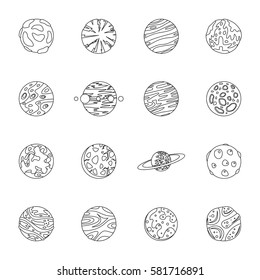 Fantastic planets icons set. Outline illustration of 16 fantastic planets vector icons for web