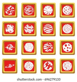 Fantastic planets icons set in red color isolated vector illustration for web and any design