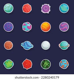 Fantastic planets icons set stikers collection vector with shadow on purple background